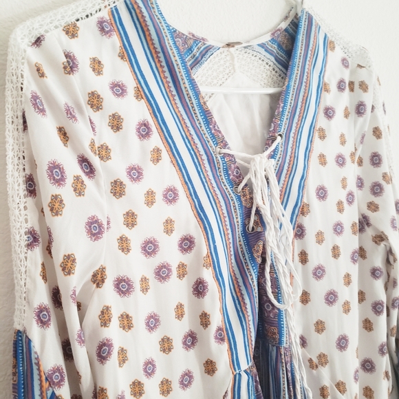 Free People Boho White Blue Long Sleeve Dress - Picture 4 of 8